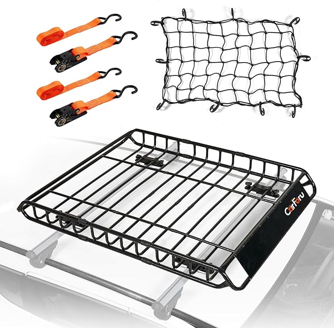Roof Rack Basket 51″ X 36″ X 5″ Universal Rooftop Cargo Basket, 250LB Heavy Duty Cargo Basket Car Roof Basket for SUV, Truck, Cargo Net with Attachment Hooks, 2pcs Ratchet Straps