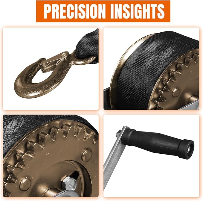 Hand Winch, 1200 lbs Pulling Capacity, Boat Trailer Winch Heavy Duty Rope Crank with 26.3 FT Polyester Strap, Manual Operated Hand Crank Winch for Trailer, Boat or ATV Towing