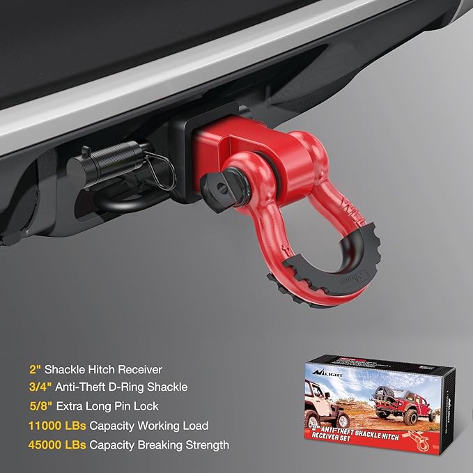 Nilight Anti-Theft Shackle Hitch Receiver 2Inch 45000 LBs Breaking Strength 3/4" Anti-Theft D Ring Shackle 5/8" Trailer Hitch Lock Pin Heavy Duty Solid Towing Kit for Trucks Off Road (Red)