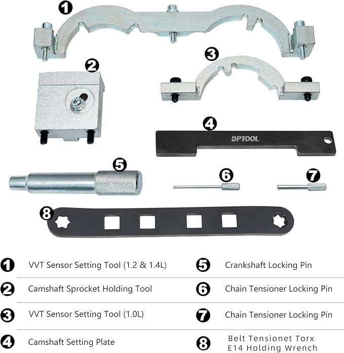 DPTOOL Turbo Engine Camshaft Timing Tool Kit Compatible with Vauxhall Opel Aveo Cruze Orlando 1.0 1.2 1.4 Engine 2009-2020 with Belt Tensioner Torx E14 Holding Wrench Replace EN-48488 EN-953-A