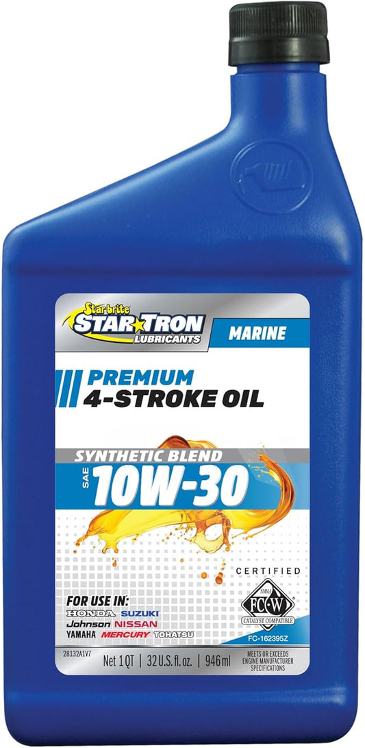 STAR BRITE Star Tron Premium 4 Stroke Marine Oil - 10W-30 - Synthetic Blend Engine Oil for Outboards, Gasoline Inboards & Stern Drives - NMMA FC-W Certified, 32 OZ (028132)