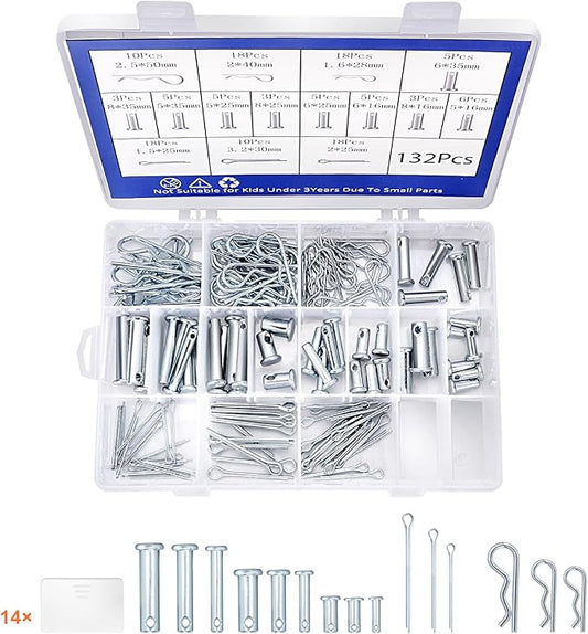 132Pcs Hitch Pin,15 Sizes Hardware Cotter Pins Clip Assortment Kit - 304 Stainless Steel R Hairpin Cotter Fastener Clip Suitable for Truck and Engine Maintenance, Hanging Needle Lock System