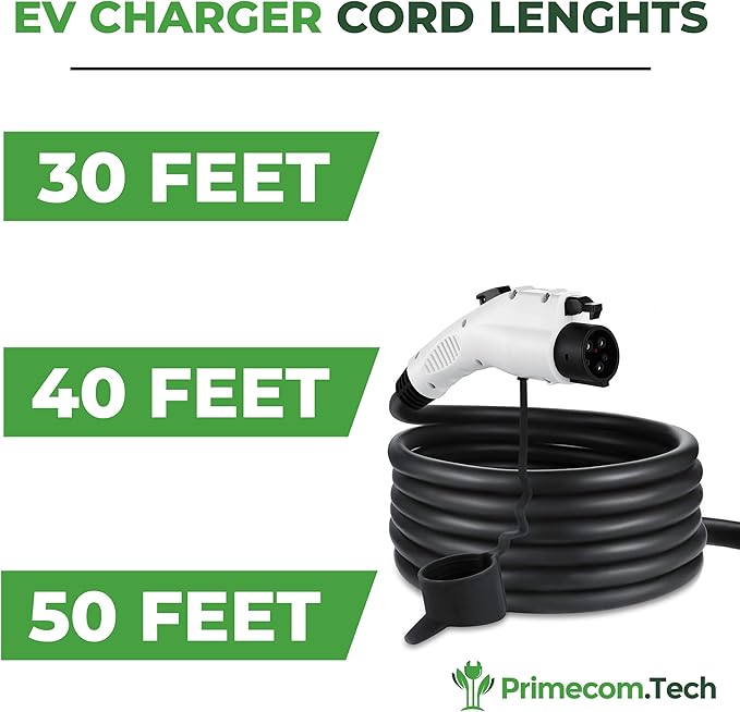Primecom.Tech Level 2 Electric Vehicle (EV) Charger Amperage Adjustable (10Amp - 16Amp - 20Amp - 24Amp - 32Amp) 30Ft Cable EVSE Plug-in Hybrid (40 FT, 14-50P)