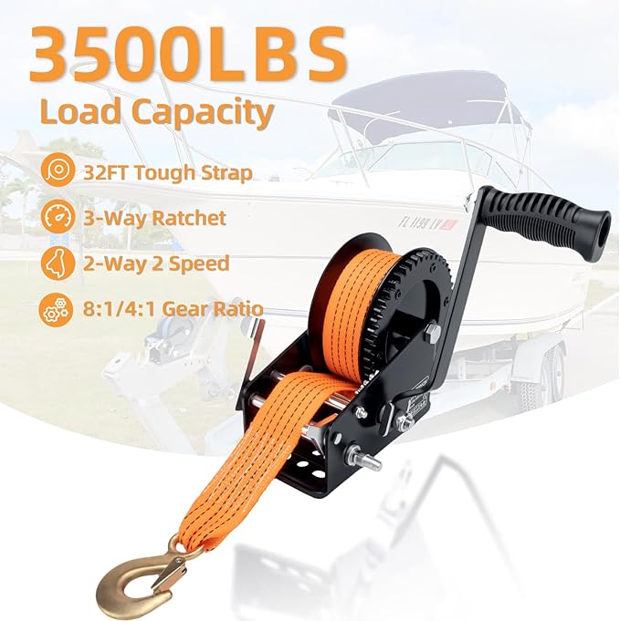 3500LBS Heavy Duty Boat Trailer Winch with 32FT Strap, 2-Way Ratchet, 4:1/8:1 Gear Trailer Winch, Portable Hand Crank for Boat, Truck, Trailer, RV, ATV, Jet Ski(3500lbs Orange Strap Winch)