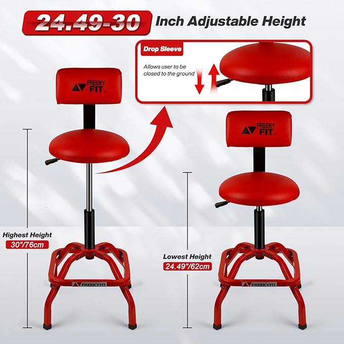 Shop Stool with Backrest, Mechanic Garage Stool for Workshop, Adjustable Shop Stools Chair, Padded Workbench Stools for Men Women, 300 LBS Capacity, 360° Swivel PVC Seat, Heavy Duty, Red
