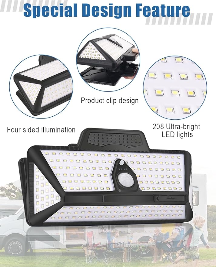 Chelhead Solar RV Exterior Light, 208 Led Amber White RV Porch Lights with Motion Activated, Remote Control, Clip On Camper Lights for Outdoor Compatible with for RV Camper Trailers Truck