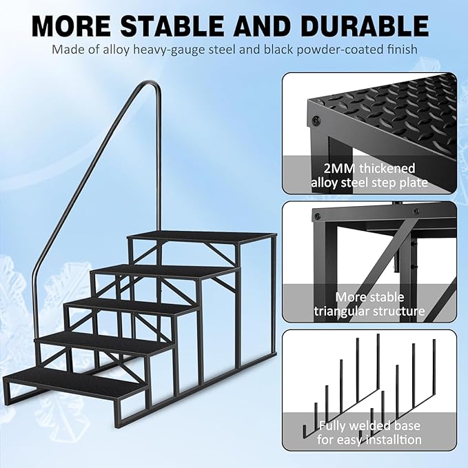 RV Steps with Handrail, 5 Step RV Stairs 660lbs Load Capacity, Heavy Duty Camper Steps with Wide & Anti-Slip Platform, Portable Outdoor Metal Entry Stairs for Hot Tub, Mobile Home, Travel Trailers