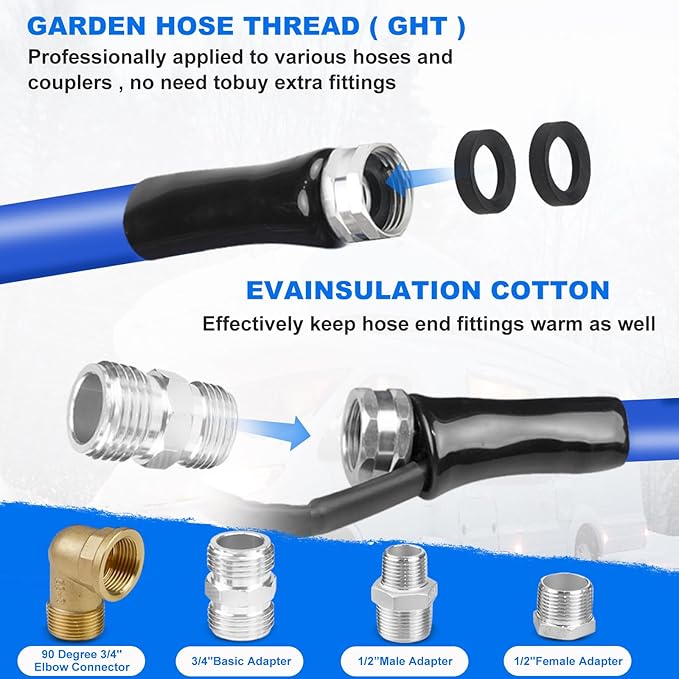 BHB Upgraded 100 FT Heated Water Hose 1/2" ID Compatible with RV -45 ℉ Antifreeze Energy Saving Thermostat RV Accessories, with 4 Types of Adapters