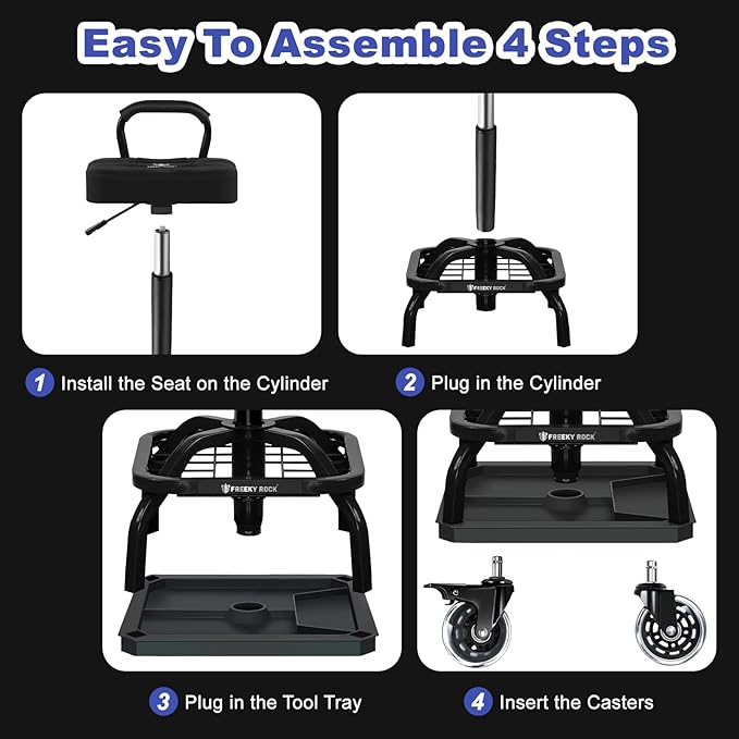Rolling Shop Stool with Wheels, Garage Mechanic Shop Chair with Handle Backrest, Adjustable Height Work Stool, Roller Seat with Tool Tray Storage, Heavy Duty, 330 LBS Capacity, Black