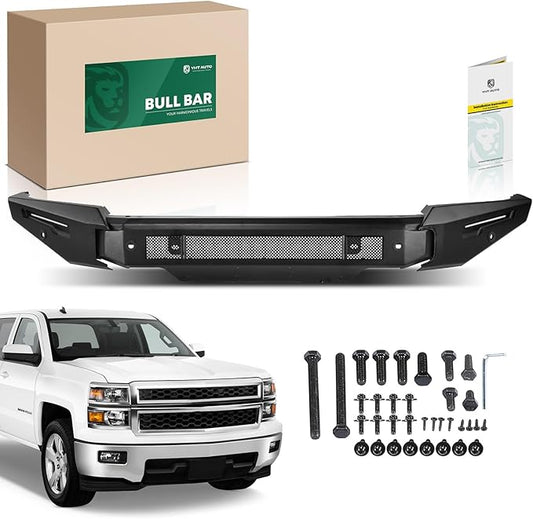 YHTAUTO Bull Bar Push Bar with Skid Plate Light Mount Fit Chevrolet Models, Silverado 1500 2016-2018, Heavy Duty Steel Brush Guard for Truck Front Bumper Textured Black Off Road Accessories
