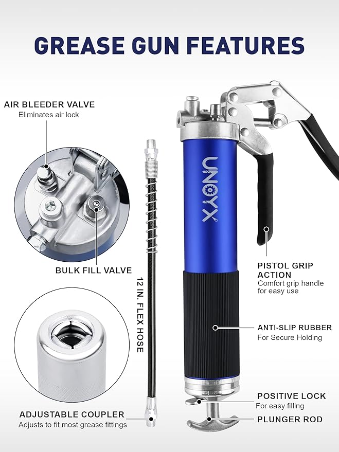 8000 PSI Pistol Grip Grease Gun, Professional 14 oz Grease Guns, Heavy Duty Aluminum Greese Gun Kit with Flex Hose & Rigid Pipe & 2 Coupler
