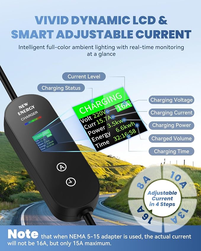 Level 1&2 EV Charger, 16A Electric Car Charger | Adjustable Current | Reservation Charging | NEMA 6-20 Plug & 5-15 Adapter | 100V-250V | Dual Temp Control | Safe, Fast Charging for J1772 Vehicles