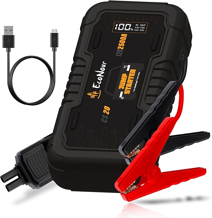 EcoNour Car Battery Jump Starter | Car Battery Jumper | 2500A Portable Car Jumper Pack with Charger Cable | Ideal for Up to 8.5L Gasoline & Diesel Engines | Compatible with Ford, Honda & Jeep