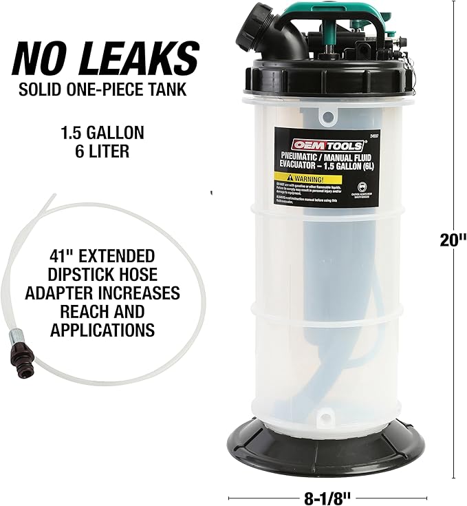 OEMTOOLS 24937 Pneumatic/Manual Fluid Extractor, 1.5 Gallon (6L) Oil Extractor Pump, For Coolant, Transmission, and Power Steering Fluid, 2 Dipstick Adapters, 5ft Hose