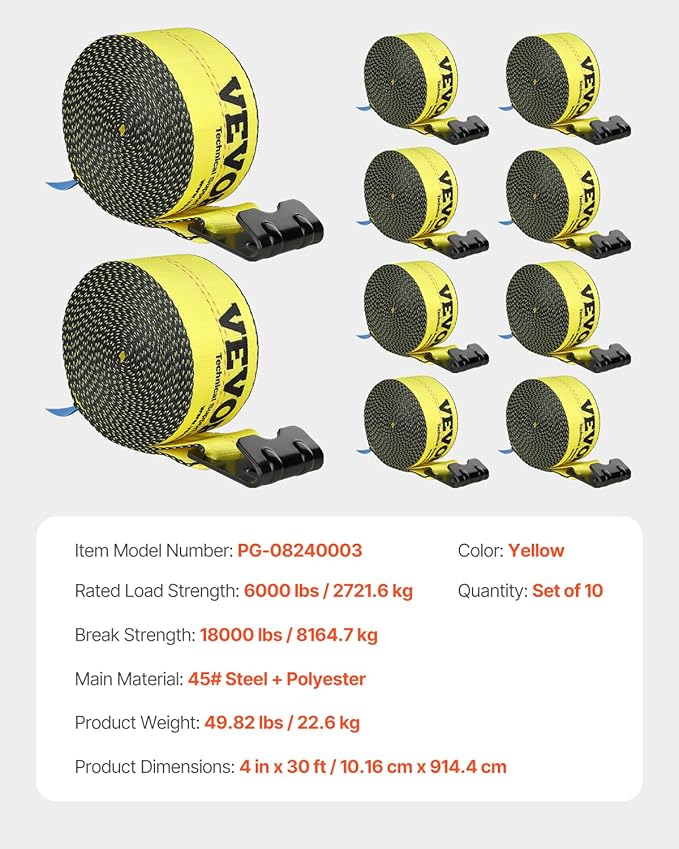 VEVOR Truck Straps, 4" x30' Heavy Duty Tie Down w/Flat Hooks 18,000lbs Break Strength, WLL# 6000lbs, Cargo Straps tie Down for Flatbeds, Trucks, Trailers, Farms, Rescues, Tree Saver, Yellow(10 Pack)