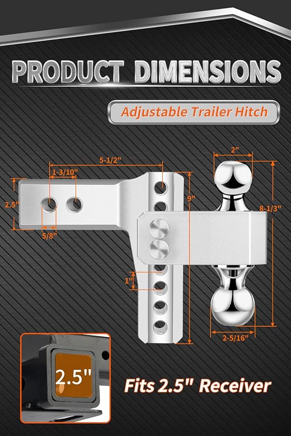 METOWARE Adjustable Trailer Hitch - Aluminum Drop Hitch Fits 2.5-Inch Receiver - Heavy Duty Tow Hitch with 6-Inch Drop/Rise for Truck (18,000 LBS GTW), Double Stainless Steel Locks & Hitch Pin