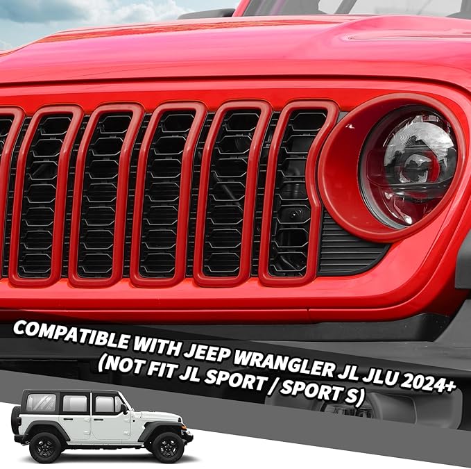 Jimen for 2024 Jeep Wrangler 4xe grill inserts, 9PCS Headlight Cover & Grille Insert Compatible with Jeep Wrangler JL JLU 2024+, NOT FIT JL Sport/Sport S (Red)