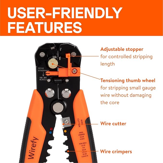 Wirefy Automatic Wire Stripper Tool | Self-Adjusting 3-in-1 Wire Stripper, Cutter & Crimper for 24-10 AWG / 0.2-6 mm² | Ergonomic Professional Electrical Tool