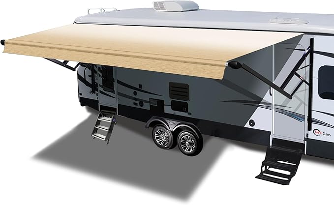 RV Electric Retractable Awning, Black Frame and Fabric Assemblies Full Set for RV, 5th Wheel,Travel Trailers,Motorhome Trailer Awning for Home or Camper - Sand Fade, 11Feet(Fabric 10'2")