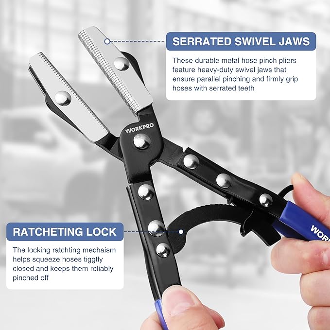WORKPRO 10" Ratcheting Hose Pinch Off Pliers, Locking Hose Pinch Pliers for Automotive Hose Lines, Radiator Lines, Fuel Lines, Coolant Lines