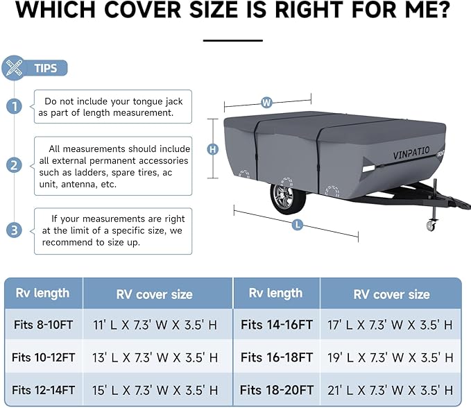 VINPATIO Pop Up Camper Cover - Grey, Folding Camper Tent Trailer Cover for 8'-10' Trailers, Waterproof & Anti-UV with Windproof Straps