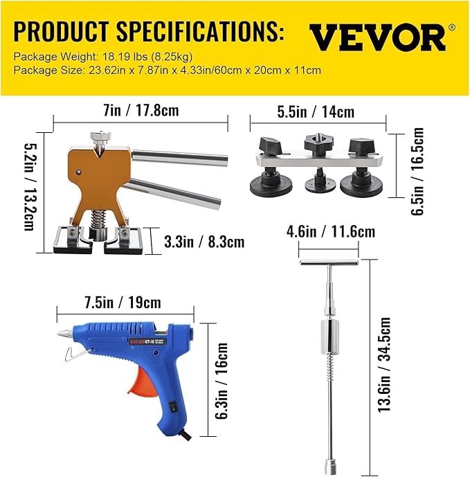 VEVOR Paintless Dent Removal Rods, 89 PCS Paintless Dent Repair Tools, Golden Lifter Puller Car Dent Repair Kit, Glue Puller Tabs Dent Puller Kit for Auto Dent Removal, Minor Dents, Door Dings