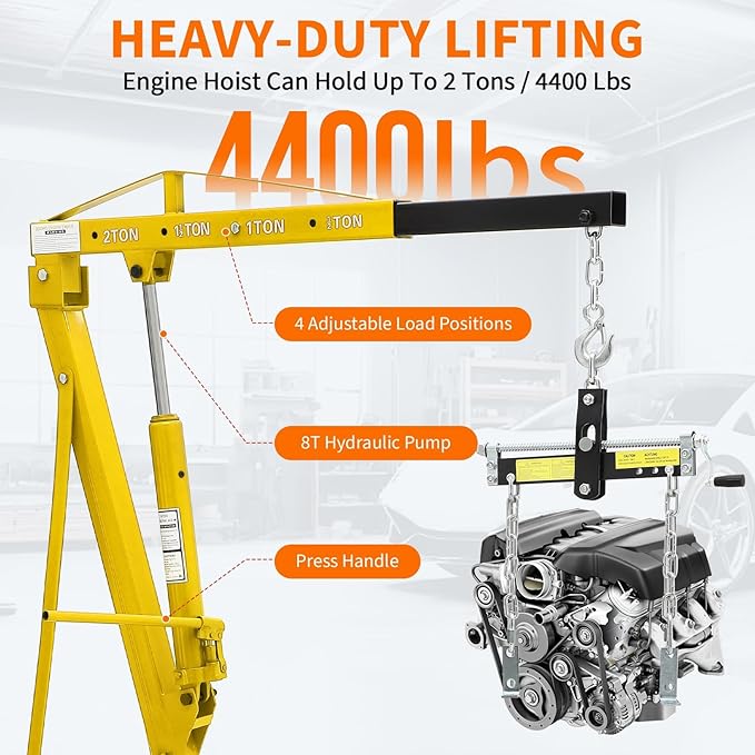 2 Ton Folding Hydraulic Engine Hoist with Load Leveler 4400 LBS Capacity Heavy Duty Cherry Picker 6 Swivel Wheels&Hydraulic Pump Adjustable Boom (0.5T-2T) for Garage Workshop Warehouse Yellow