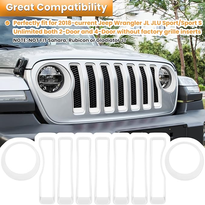 Front Grille Mesh Inserts & Headlight Cover for Jeep Wrangler JL JLU Unlimited Sport/Sports 2018-2023 Exterior Accessories Clip-in Grille Guard Cover Headlight Bezels Trim Ring (White 9PCS)