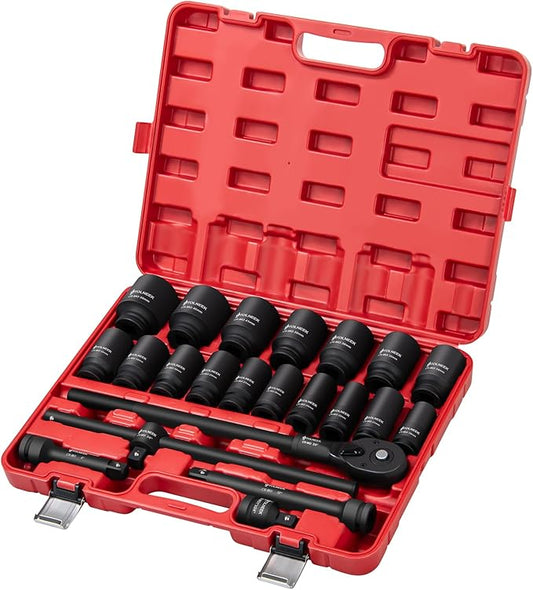 3/4" Impact Socket Set, 22PCS 6-Point Metric Sizes (19mm-50mm), Cr-Mo Steel Set with Adapters, Quick Release Ratchet Wrench, Andextension Rod & Durable Storage Case
