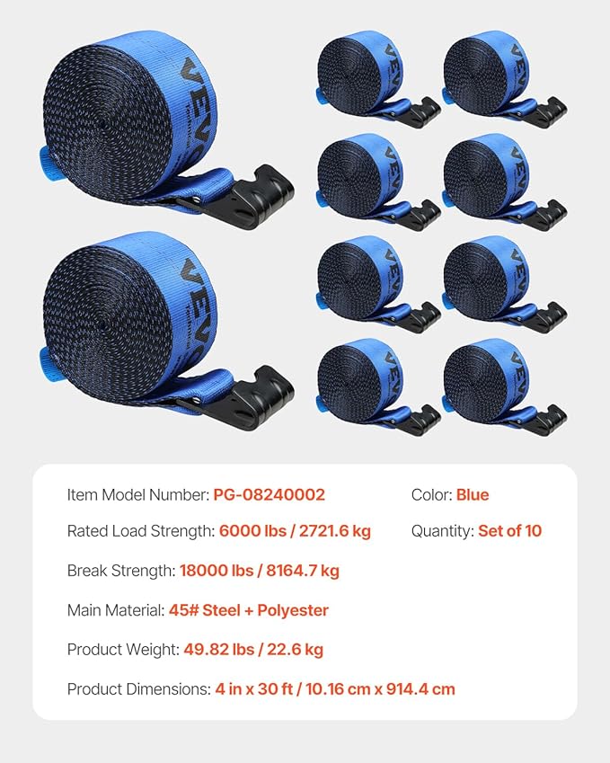 VEVOR Truck Straps, 4" x30' Heavy Duty Tie Down w/Flat Hooks 18,000lbs Break Strength, WLL# 6000lbs, Cargo Straps Tie Down for Flatbeds, Trucks, Trailers, Farms, Rescues, Tree Saver, Blue(10 Pack)