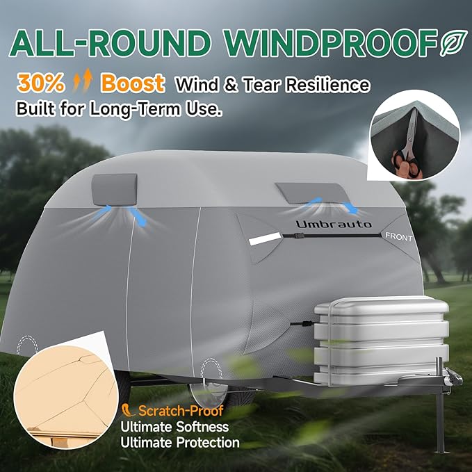 Umbrauto Teardrop Travel Trailer Cover Fits 10'-12' Trailers, 7 Layers Top Heavy Duty Waterproof Camper Cover with Windproof Strap for R-Pod Trailers, Clamshell Trailers