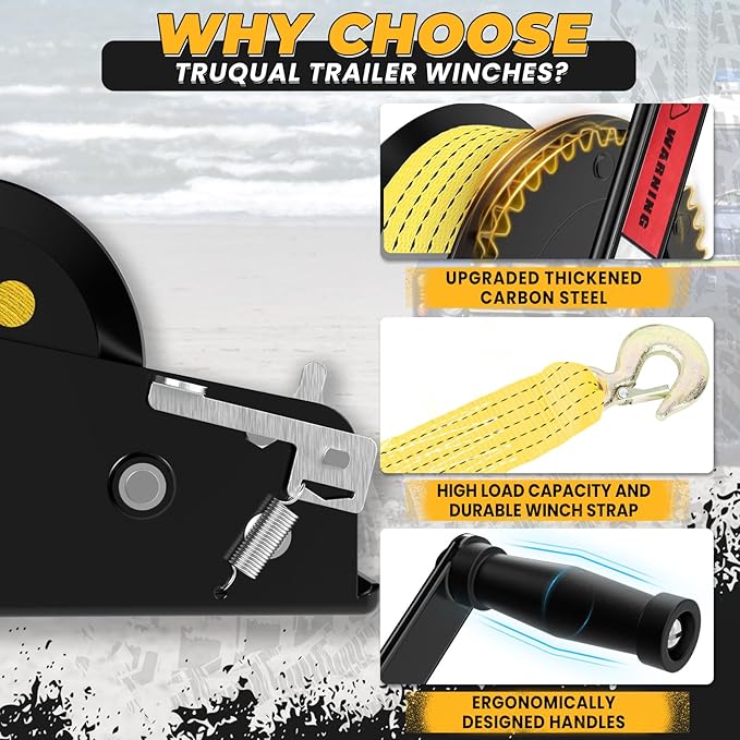 23FT Strap Boat Trailer Winches，2-Way Ratchet System Designed for Heavy-Duty Applications. 2500 lbs Ideal for Towing Trucks, ATVs, RVs, and Jet Skis.