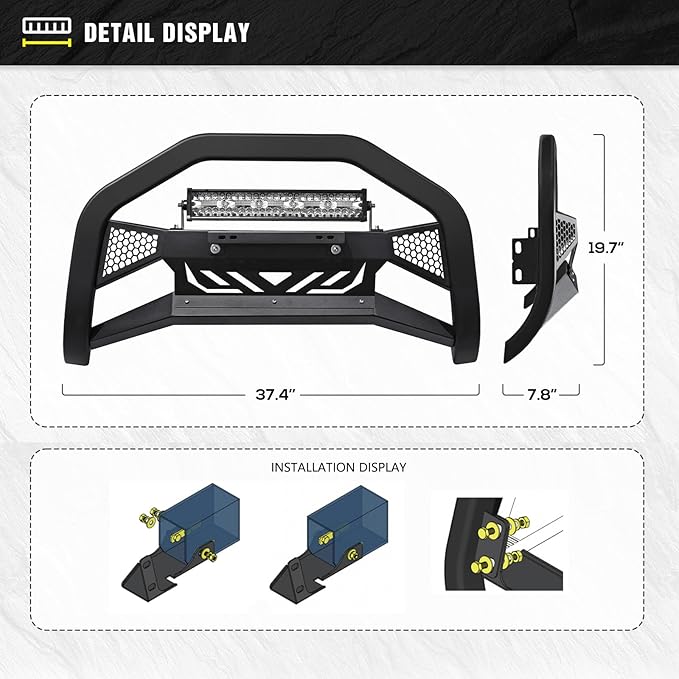 Bull Bar Brush Guard with LED Light Bar & License Plate Frame Compatible with 2019-2024 Chevy Chevrolet Silverado 1500 & GMC Sierra 1500, Front Bumper Push Bar Grill Guard Grille with Skid Plate