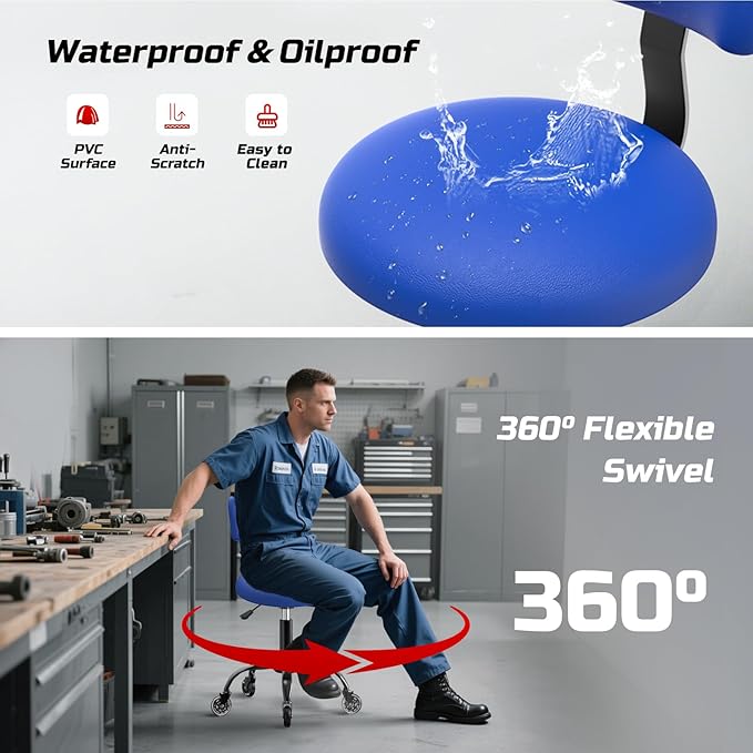 Rolling Shop Stool with Wheels,Mechanic Garage Stool Chair with Adjustable Height 15.55"-18.3",Heavy Duty Swivel Roller Seat for Garage,Salon and Tattoo Beauty, Blue