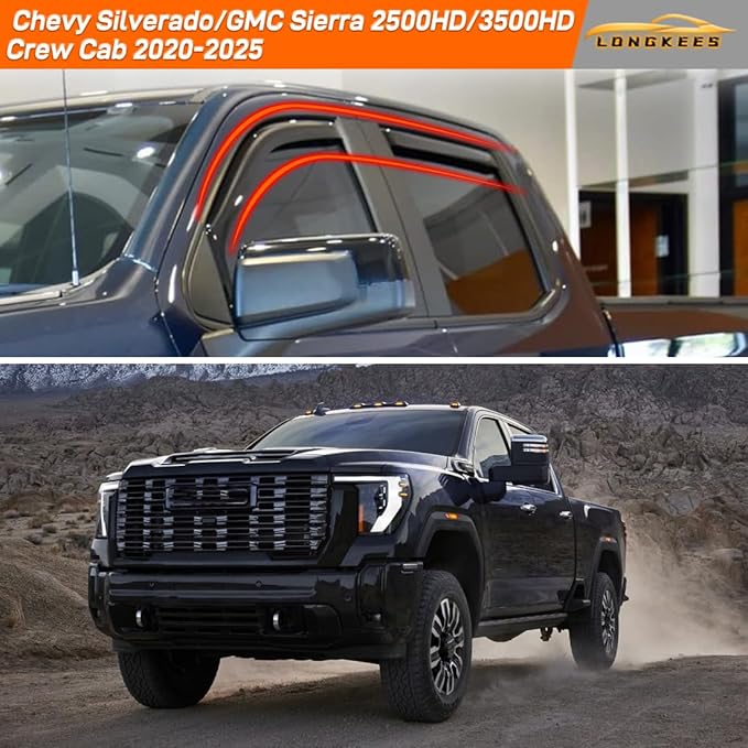 in-Channel Window Visors Rain Guards FIT Chevy Silverado/GMC Sierra 2500HD/3500HD 2020-2025 Crew Cab (2020-2025) – 4-Piece in-Channel Dark-Smoke Polycarbonate Vent Deflectors