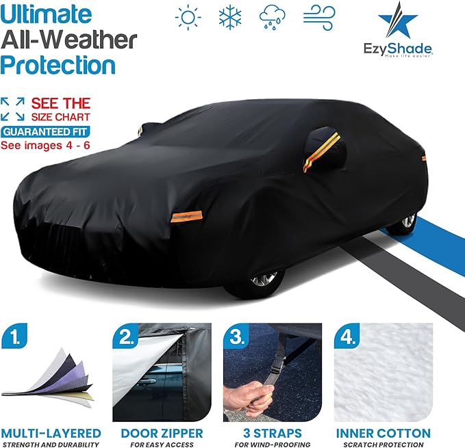 EzyShade 10-Layer Car Cover Waterproof All Weather [See Vehicle Size Chart for Accurate Fit] Outdoor Full Exterior Covers for Automobiles Sedan Hatch. Rain Sun Snow. Black, Size A7 (See SizeChart)