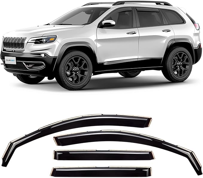 CLIM ART in-Channel Incredibly Durable Rain Guards for Jeep Cherokee 2014-2023, Dark Smoke Car Accessories, Vent Window Visors, Vent Deflector, Original Window Deflectors, 4 pcs - 614031