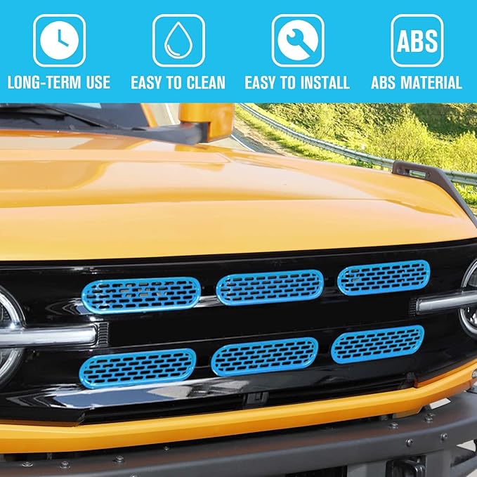 Jimen Compatible with Ford Bronco 2021-2023, 6PCS Front Grille Inserts Mesh Grill Cover Exterior Trim Accessories (Light Blue)