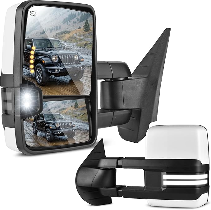 DWVO Towing Mirrors Compatible with 07-13 Silverado Sierra 1500 2500 HD 3500 HD Avalanche Suburban Tahoe Yukon, Turn Signal Light Running Lights Power Heated Manually Folding Switchback White