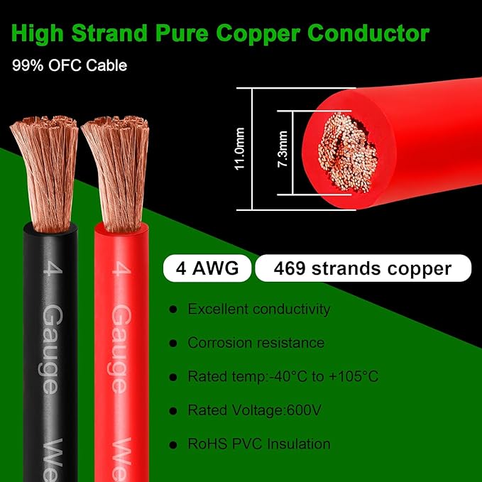 4 Gauge Battery Cable - 10FT Red + 10FT Black 4 AWG Welding Cable Flexible Stranded Oxygen-Free Pure Copper Wire for Automotive, Battery, Inverter, Solar, Marine and Generator