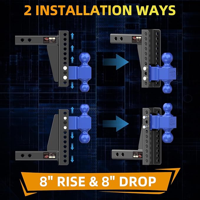 Adjustable Trailer Hitch -Drop Hitch (Fits 2-Inch Receiver) -8" Drop/Rise Tow Hitch, 2" & 2-5/16" Ball Hitches for Trucks -21,500 GTW Hitch Ball Mount with Anti-Theft Locking Hitch Pins