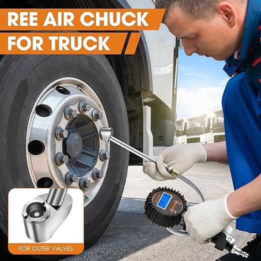 Digital Tire Pressure Gauge with Inflator, 250 PSI Heavy Duty Air Chuck Air Compressor Attachments, Improved Leaks Protection & Stainless Braided Hose Tire Gauge with a Portable Carrying Box