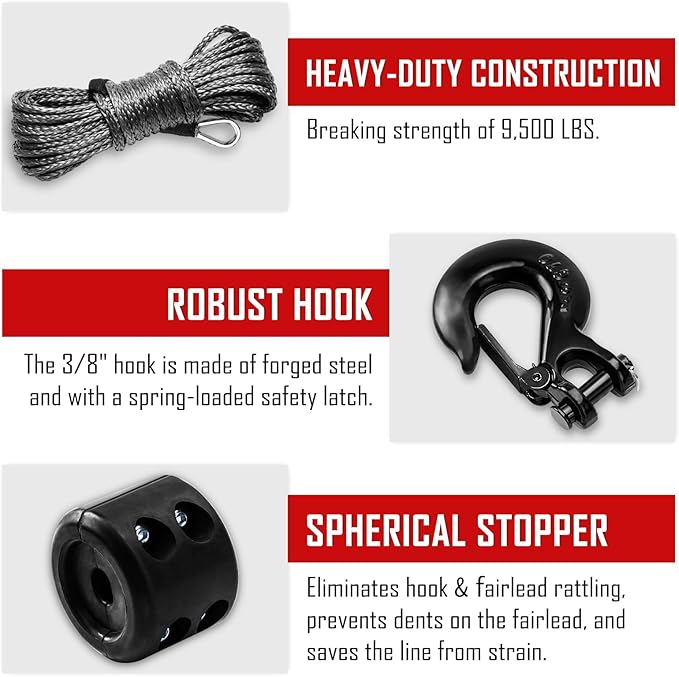 SPARKWHIZ Synthetic Winch Rope Kit 1/4" x 50ft 9500lbs Winch Rope Line Cable with Protective Sleeve, Rubber Stopper and Heavy Duty Winch Hook for Towing ATV UTV SUV