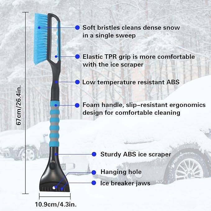Snow Brush and Ice Scraper for Car Windshield,26.4" Window Scraper Deicer for Car SUV and Truck,Ice Scrapers and Brushes 2 in 1,Winter Car Automotive Exterior Accessories(1Pack Blue)