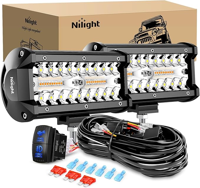 Nilight 6.5Inch Off-Road LED Light Bar, 2PCS 120W 3 Lighting Modes (White/Amber/White&Amber) Driving Fog Light Spot Flood Lights with 18AWG Wiring Harness for Truck Car ATV SUV Jeep Boat