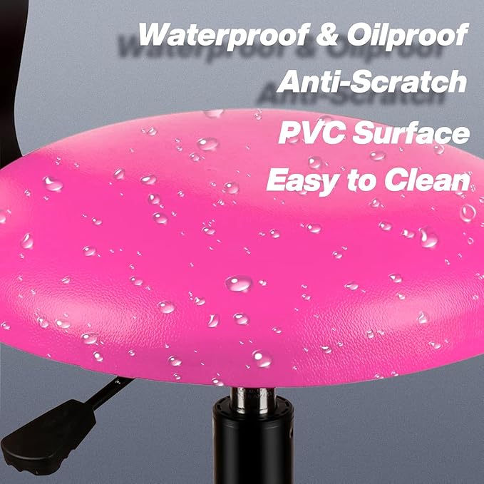 Shop Stool with Backrest, Mechanic Garage Stool for Workshop, Adjustable Shop Stools Chair, Padded Workbench Stools for Men Women, 300 LBS Capacity, 360° Swivel PVC Seat, Heavy Duty, Pink