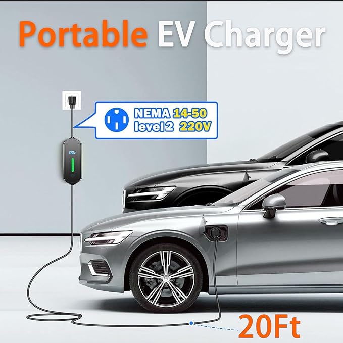 Level 2 EV Charger, 32Amp 220V 20FT Portable Electric Car Charger with LCD Display Screen, NEMA 14-50 Plug, Adjustable Current, Compatible with All J1772 EV (Tesla Require Adapter)