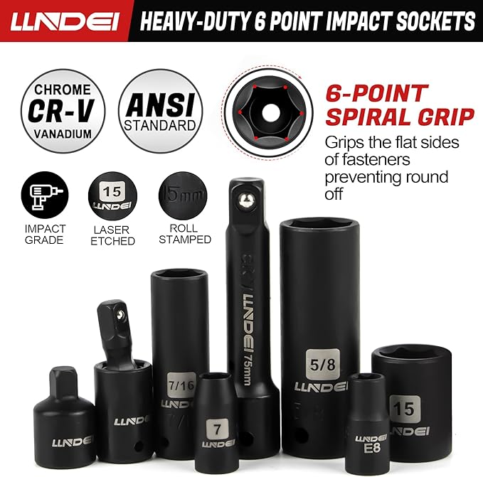 LLNDEI 1/4 & 3/8 Inch Drive Impact Socket Set, 186 Pieces Metric and Standard Full Sockets, CR-V Deep & Shallow Sockets Tool Set with Ratchet Wrench Handle, Spark Plug Socket, Bits for Mechanic
