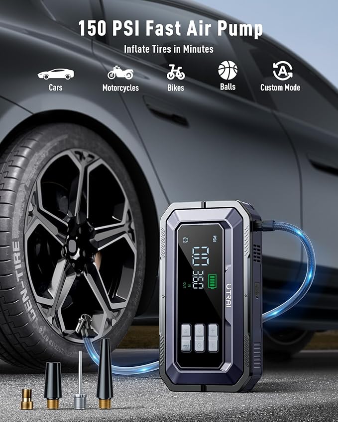 UTRAI Jump Starter with Air Compressor 150PSI, 7000A Peak 12V Jump Box for Car Battery (All Gas/12.0L Diesel), 160W DC Output Car Jumper Starter Portable, Jump Pack with OBD II Scanner, LED Light