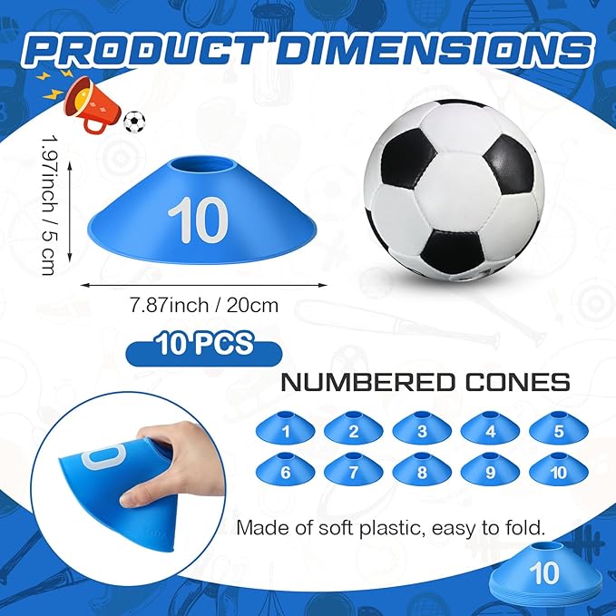 10 Pcs Numbered Sports Disc Cones 1-10 Soccer Cones with Mesh Carry Bag Flexible Agility Cones Soft Field Cones for Gym PE Classes School Activities Games, Sports Training Equipment